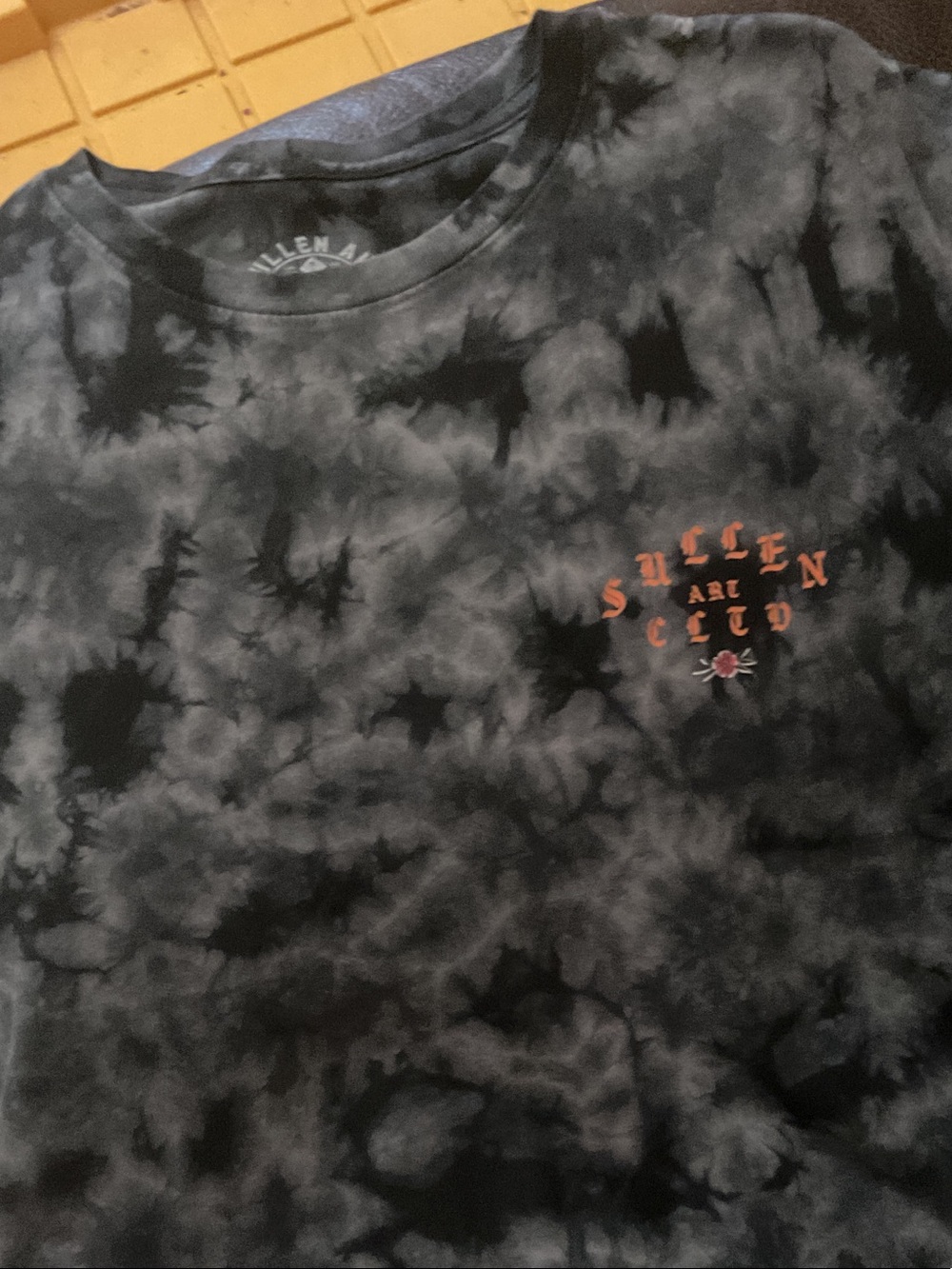Affliction Black and Gray Tie-Dye Short Sleeve Tee with Orange Chest Logo